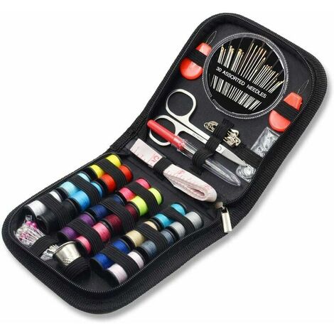Mini kit de couture avec 52 fournitures de couture, 18 bobines de fil avec boîte à coudre noire pour débutants enfants voyageurs machine à coudre adultes filles (petit)