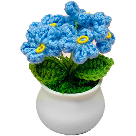 Mini-Kunstpflanze mit handgenähter blauer Woll-Vergissmeinnichtblume, handgefertigter Strauß, Tisch- oder Schreibtischdekoration