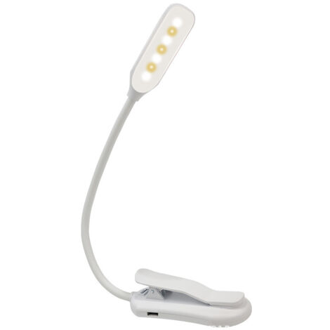 Mini lampada da comodino portatile ricaricabile tramite USB, dimmerabile, con clip, per leggere a letto, colore bianco.