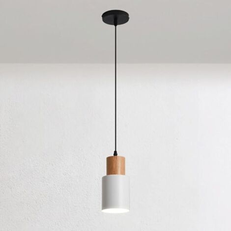 Mini lampe à suspension de chevet, suspension en bois avec abat-jour cylindrique, lampes à suspension à long tube en métal, luminaire E27 - Blanc