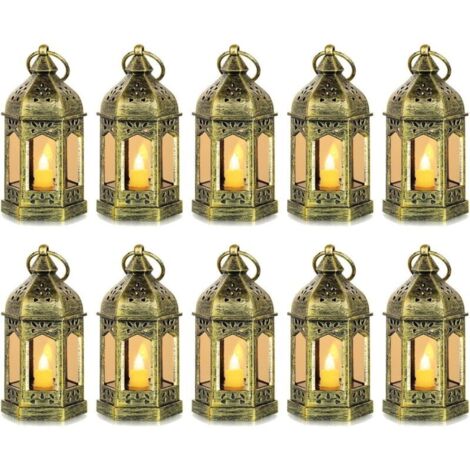 Mini Lanterne LED Exterieur - Lot de 10 Lanterne Bougie doré Decorative Bougeoir pour Halloween, Mariage, Noel, Decoration de Table, Piles Incluses
