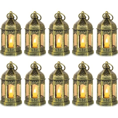 Mini Lanterne LED Exterieur - Lot de 10 Lanterne Bougie doré Decorative Bougeoir pour Halloween, Mariage, Noel, Decoration de Table, Piles Incluses