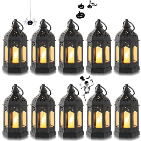 Mini Lanterne LED Exterieur - Lot de 10 Lanterne Bougie Noir Decorative Bougeoir pour Halloween, Ramadan, Mariage, Noel, Decoration de Table, Piles Incluses