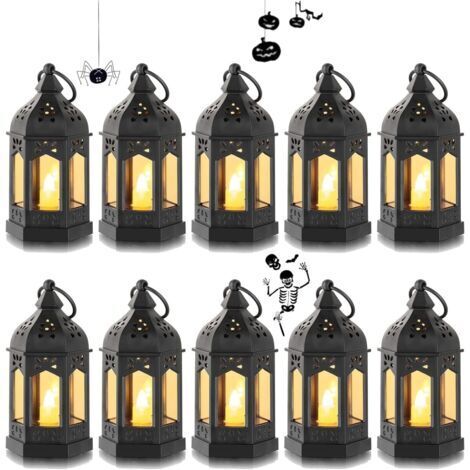 Mini Lanterne LED Exterieur - Lot de 10 Lanterne Bougie Noir Decorative Bougeoir pour Halloween, Ramadan, Mariage, Noel, Decoration de Table, Piles Incluses