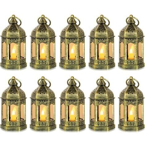 Mini lanternes LED d'extérieur – Lot de 10 bougeoirs décoratifs dorés pour Halloween, mariage, Noël, décoration de table, piles incluses