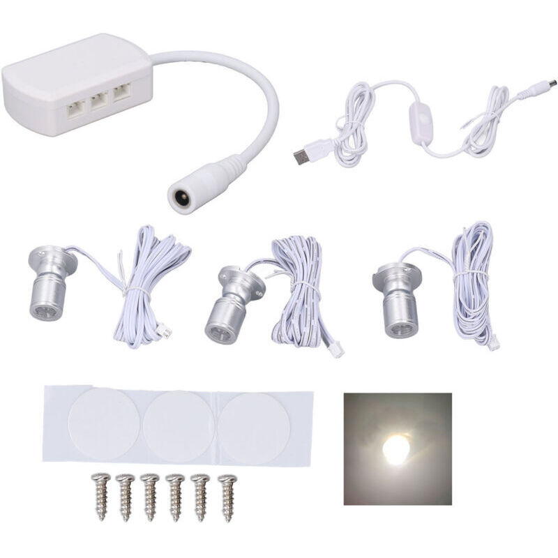 Mini LED Spot Lights 5V USB Vitrine Lumière d'affichage 1 à 3 Lumière de petit meuble dimmable argent clair naturel