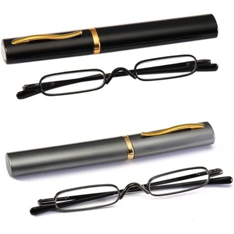 Mini-Lesebrille mit schmalem Rahmen, Federscharnier, Metall, Unisex, inklusive Etui