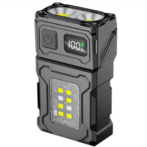 Mini linterna recargable de 800 lúmenes con base magnética y clip trasero, ángulos de iluminación ajustables, modo LED dual con luces frontal y lateral.