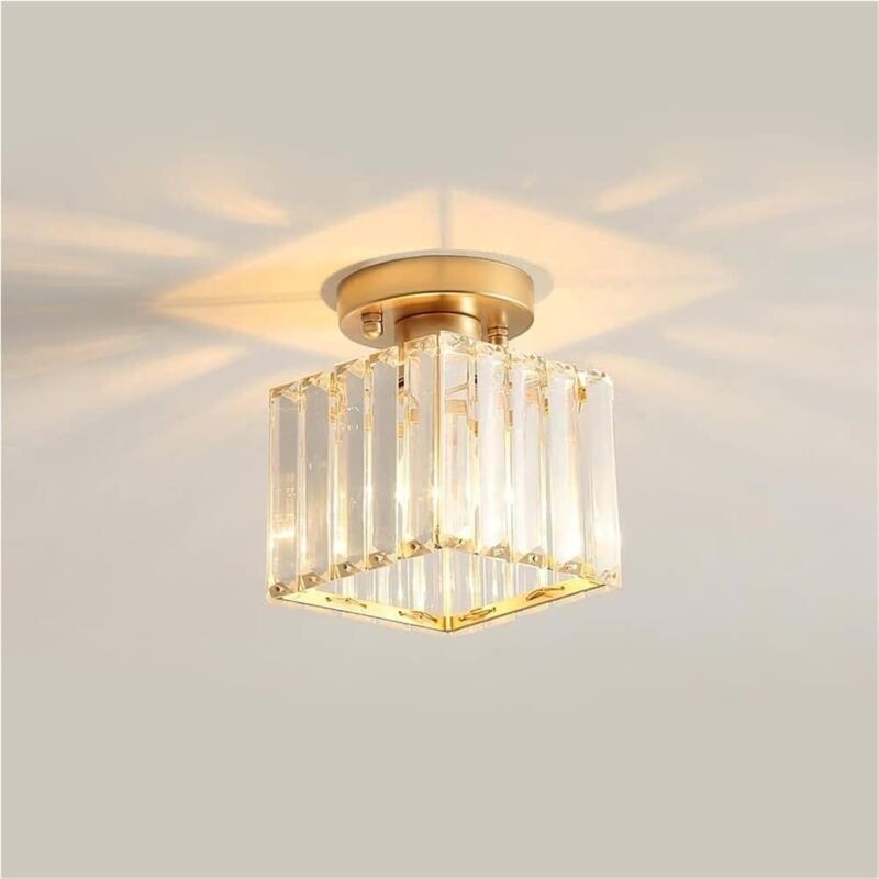 Mini lustre en cristal - Plafonnier moderne semi-encastré - Idéal pour les couloirs, cuisines, chambres, bars - Doré, carré, 1 pièce