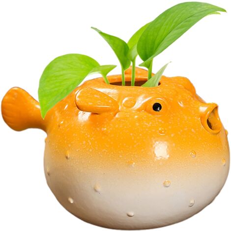 Mini maceta de cerámica para plantas hidropónicas, con forma de pez globo pequeño [amarillo] - Jarrón decorativo para plantas de interior, oficina y sala de estar.