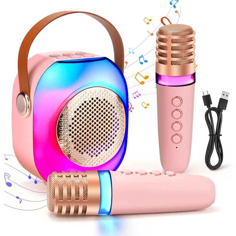 Mini Machine de Karaoké avec 2 Microphones, Fwiull Machine de Karaoké Bluetooth Portable avec Effets de Changement de Voix et Lumières LED, Cadeaux