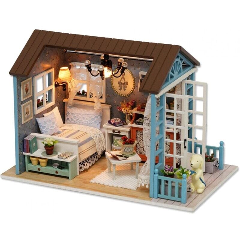 SNQ - Mini maison de poupée à monter soi-même, cabine en bois, kit de meubles miniatures, modèle de maison fait à la main, jouets avec lumières led,