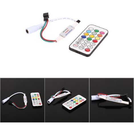 Mini mando a distancia infrarrojo con 21 botones para tiras LED WS2811 y WS2812B, controlador de CC de 1024 píxeles (5–24 V), ajuste de color y efectos con memoria de parámetros.