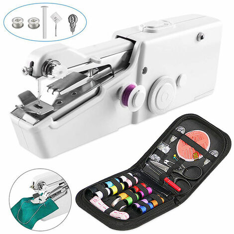 Mini máquina de coser portátil, costura a mano portátil, herramienta manual de costura rápida para prendas, cortinas, prendas de vestir eléctricas para coser a mano en el hogar (blanco)