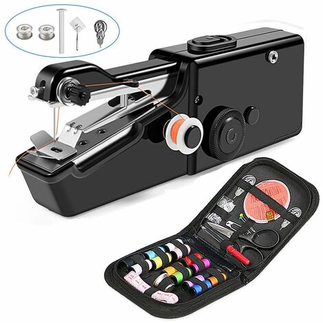 Mini máquina de coser portátil, costura a mano portátil, herramienta manual de costura rápida para prendas, cortinas, prendas de vestir eléctricas para coser a mano en el hogar (negro)