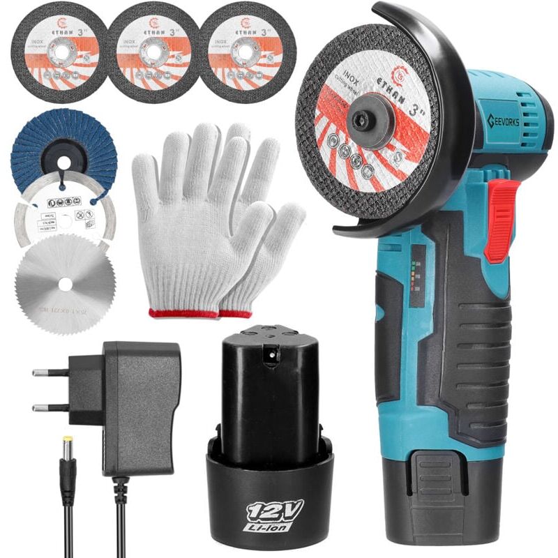 Mini Meuleuse d'angle Sans Fil, Outil de meulage électrique 12 V 19500 tr/min, 2 Batterie broyeur portable pour le Meulage et la Coupe