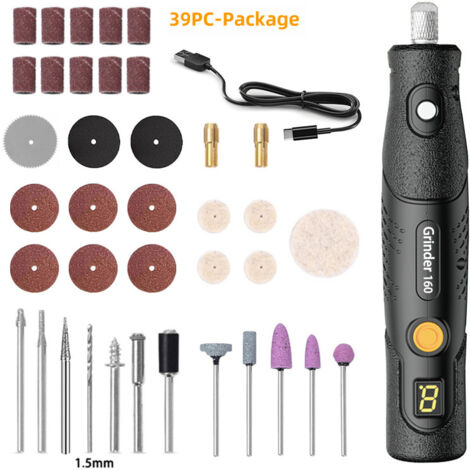 Mini meuleuse électrique portable de type stylo, machine à meuler électrique pour perles, poinçonnage, perçage, sculpture, découpe et polissage (modèle rechargeable [5 vitesses] 39 pièces)