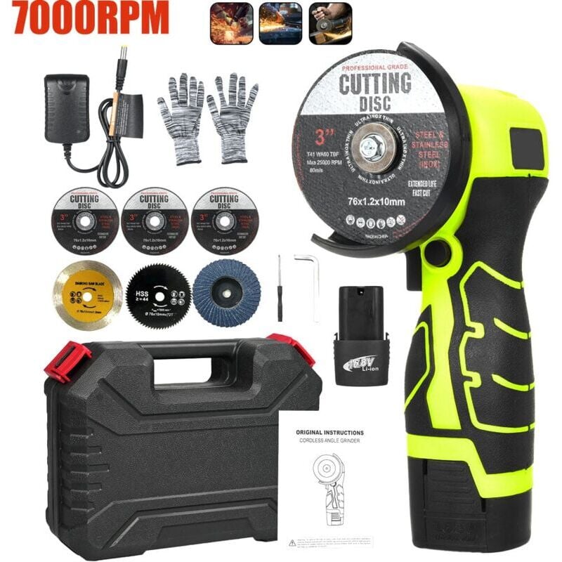 Mini Meuleuse Sans Fil, 16.8V Mini Disqueuse Sans Fil, Meuleuse D'angle Sans Fil avec Chargeur et 2 Batteries 2000 mAh, 7000 rpm, 6 Disques de Coupe
