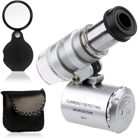 Mini microscopio de bolsillo con luz ultravioleta LED de 60 aumentos y lupa para joyero