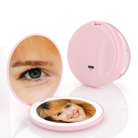 Mini Miroir de Maquillage Grossissant 10X Compact Petit Miroir Rond Double Face Lumières LED Portable Outil Cosmétique UK15 Rose