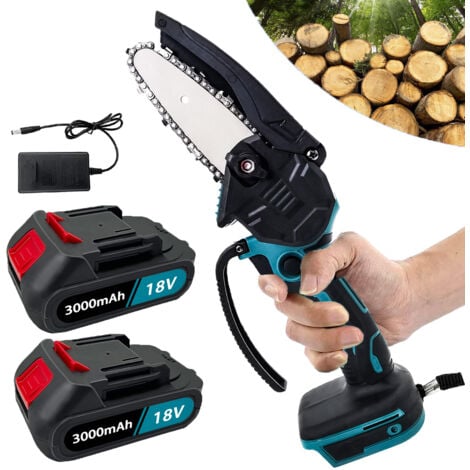 TEETOK Mini motosega elettrica a batteria da 4 pollici, sega per la lavorazione del legno, sega con una sola mano, taglierina per legno nudo+2 batterie da 3.0A+caricabatterie, compatibile con batteria Makita