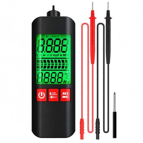 Mini multimetro digitale LCD A1, tester a 2000 conteggi con rilevamento di tensione CC/CA, frequenza, resistenza, NCV e controllo del filo sotto tensione.