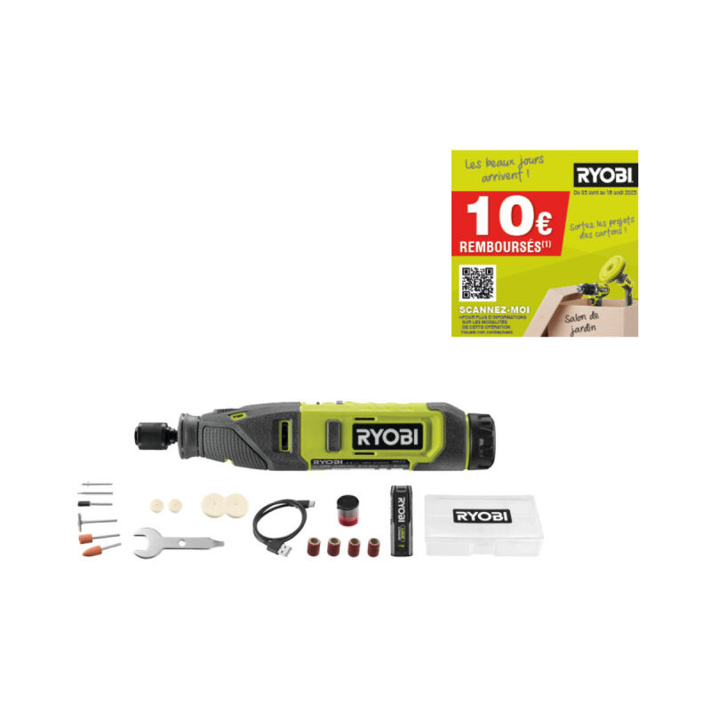 Mini-outil multifonction Ryobi RRT4-120GA15 - 4V - 1 Batterie 2.0Ah - 1 Câble usb c - 15 Accessoires