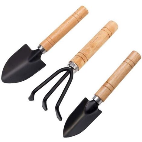Mini outils de jardin - Lot de 3 : main de plantation, petite pelle/râteau, manche en bois - Outils Étiquette