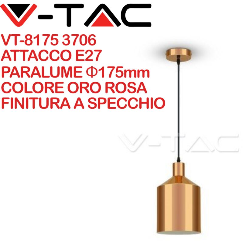 Image of VT-8175-CO 3706 Lampadario led a Cilindro in Metallo con Portalampada E27 (Max 60W) Colore Oro Rosa a Specchio - V-tac
