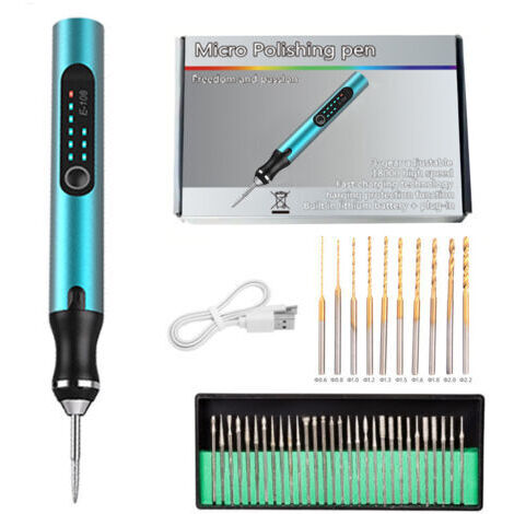 Mini perceuse rechargeable à 3 vitesses avec forets hélicoïdaux pour modélisme, bois, résine, bijoux, plastique, circuits imprimés et cuir.