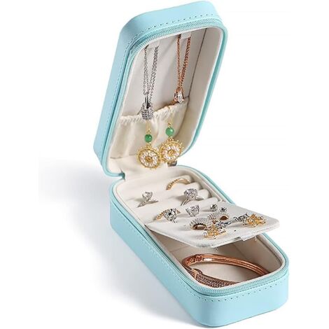 Mini petite boîte de rangement pour bijoux en cuir PU de voyage (bleu)