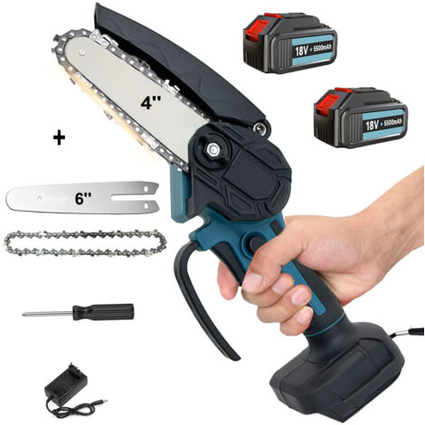 MAWIRON Mini piccola motosega 2 in 1 senza fili da 6 pollici con piastra guida da 4'' + catena, 2 batterie 5,5 A, motosega elettrica per tagliare il legno, calze della Befana, compatibile con batteria Makita