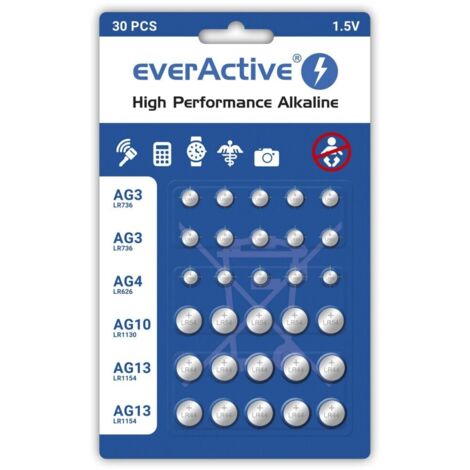 Mini piles alcalines everActive : lot de 30 pièces comprenant 10 piles G3/LR41, 5 piles G4/LR626, 5 piles G10/LR1130 et 10 piles G13/LR1154.