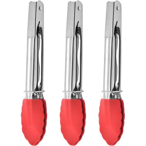 Mini pinzas de cocina con puntas de silicona, juego de 3 pinzas de servir de silicona, pinzas pequeñas de 18 cm sin adhesivo con mangos de silicona y acero inoxidable, pinzas resistentes al calor para