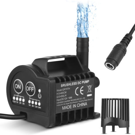 Mini pompe à eau 12V – 4 vitesses avec minuterie – Débit 450 L/h – Hauteur 4 m – Base ventouse – Pour aquarium, bassin, abreuvoir