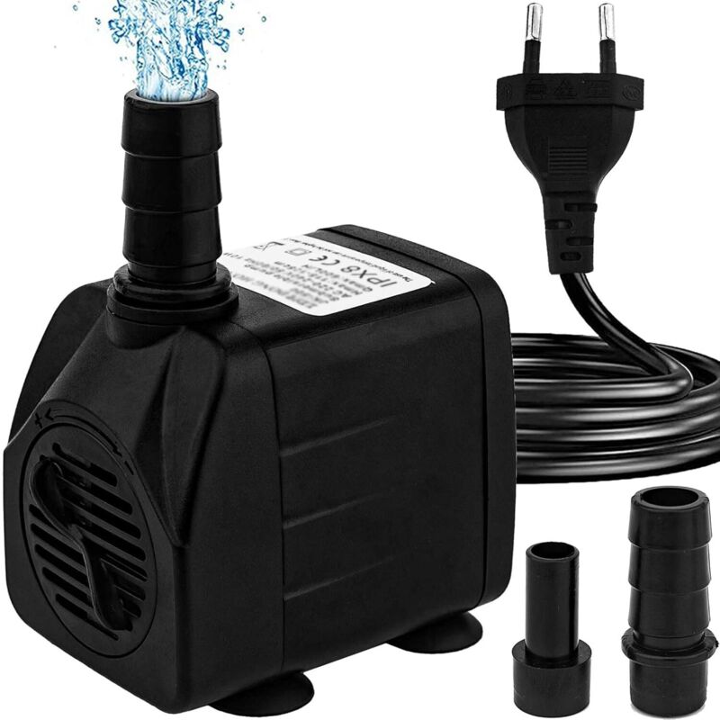 Mini pompe à eau (600 l/h, 10W) - Pompe d'aquarium ultrasilencieuse à haut débit, pompe de fontaine avec câble secteur 1,5m, 2 embouts, pour