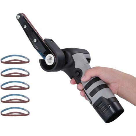 Mini ponceuse à bande électrique Outil de ponçage Corps léger en aluminium avec 10 bandes abrasives (deux de chaque grain : 320/240/180/120/80), vitesse 6500 tr/min