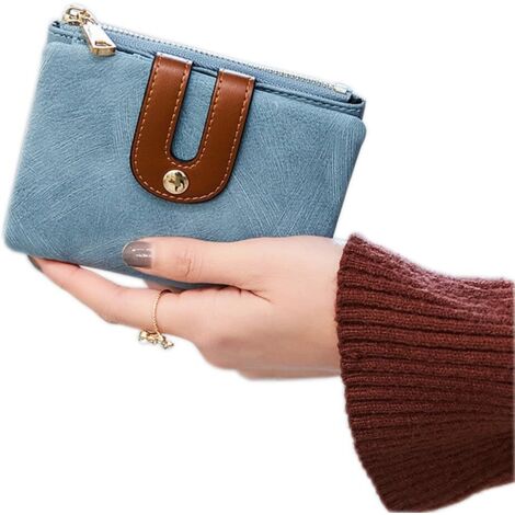 Mini porte-monnaie zippé pour dames en cuir RFID à deux volets (bleu)