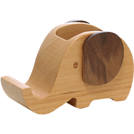 Mini porte-stylo éléphant en bois avec support de téléphone, Ensoleillé