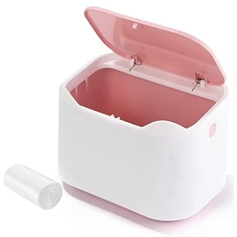 Mini poubelle de bureau avec couvercle pour comptoir, table cosmétique, salle de bain, chambre à coucher, poubelle pour enfants en blanc et rose