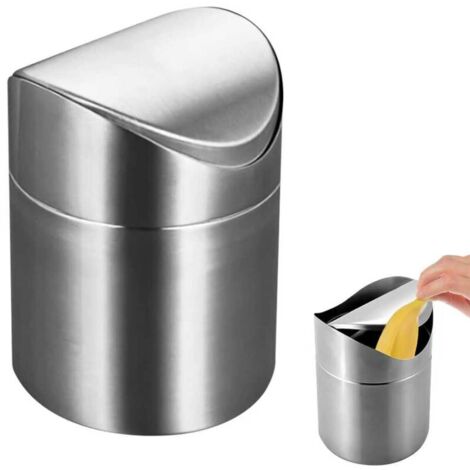 Mini Poubelle de Table avec Couvercle, 2L Petite Poubelle Salle de Bain, Poubelles de Bureau en Acier Inoxydable pour Bureau, Coiffeuse, Table de Chevet (Argent, 12×12×16cm)