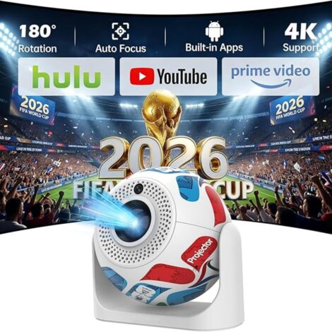 Mini projecteur portable, design football, compatible 4K, Android 13, correction automatique du trapèze, idéal pour la chambre, le home cinéma et les loisirs en extérieur