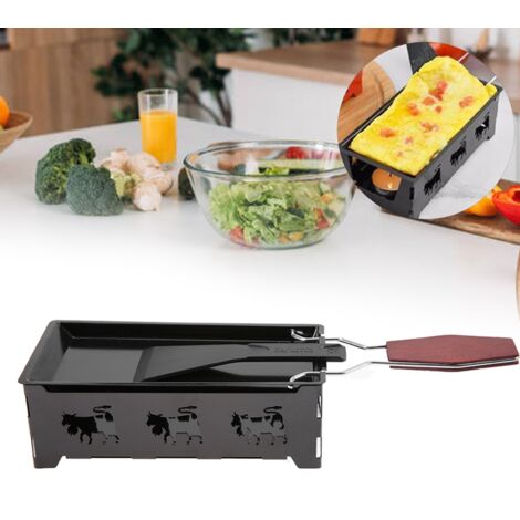 [Mini Raclette] [Raclette portátil con mango de madera] [Accesorios para parrilla y cocina] [1 bandeja antiadherente de acero al carbono negro para raclette, 18,5 x 9,2 cm]
