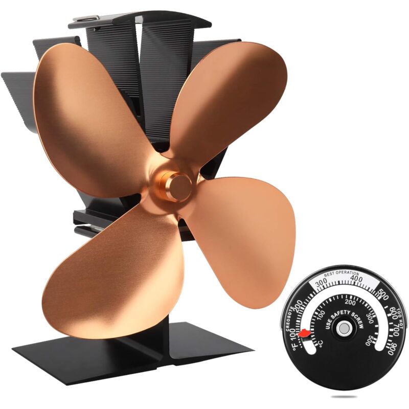 Ventilateur de poêle silencieux à 4 pales alimenté par la chaleur pour poêle à bois/bûche/cheminée – Respectueux de l'environnement, doré