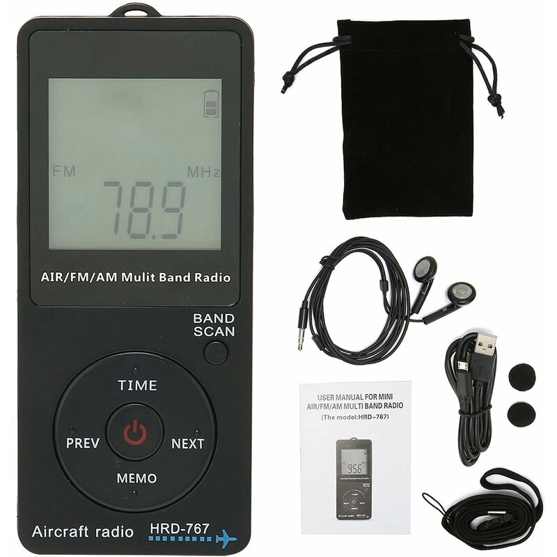 Mini radio bande aérienne avec batterie au lithium 400mah intégrée, radio FM am air avec écouteurs, écran LCD rétroéclairé orange, prise en charge du