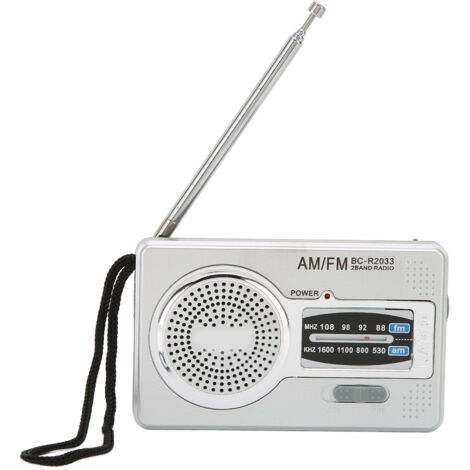 Mini radio portable AM/FM avec DSP, haut-parleur intégré et prise casque, gris argenté.