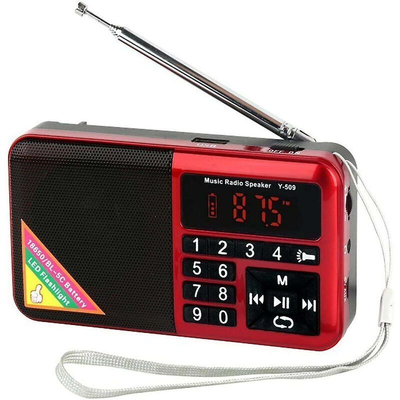Mini Radio Fm Portable Usb Micro-sd Et Lecteur Mp3 Intégré, Lampe De Poche led, Rechargeable 1500 mAh (Rouge)