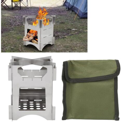 Mini réchaud à bois de camping portable, 10 x 10 cm, pliable, amovible, léger en acier inoxydable avec sac de transport, pour l'extérieur, les voyages, la randonnée et le pique-nique