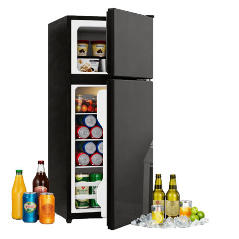 Mini-réfrigérateur 92L (28L congélo) pose libre, porte vitrée LED, silencieux, clayettes verre amovibles, idéal cuisine/bureau/salon