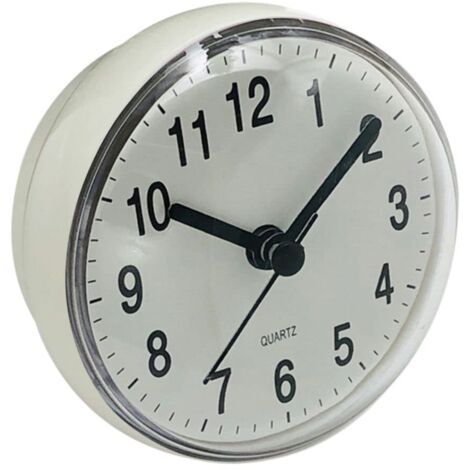 Mini reloj de pared con ventosa antivaho para baño, cocina, aseo, funciona con pilas, reloj de mesa de cuarzo (blanco)